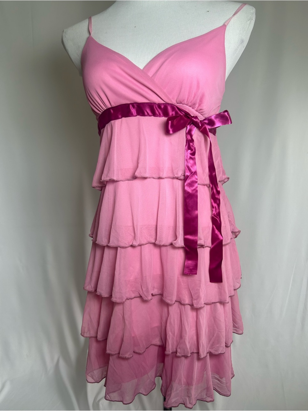 Vintage deadstick Tiered Pink Spaghetti-Strap Dress with Satin Waist Tie, Y2K